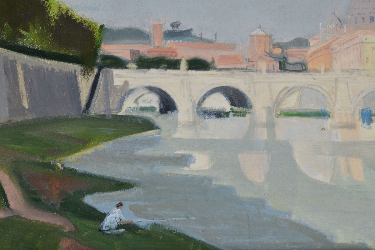 Adrian HOLY "Les quais du Tibre à Rome" 1954 Huile sur carton 37x58-photo-1